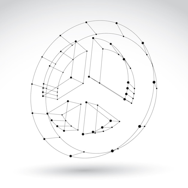 3d mesh monochroom web vredespictogram geïsoleerd op een witte achtergrond, zwart-wit vredessymbool uit de jaren 60, dimensionale tech cirkel hippie-object, duidelijke eps 8 vectorillustratie.