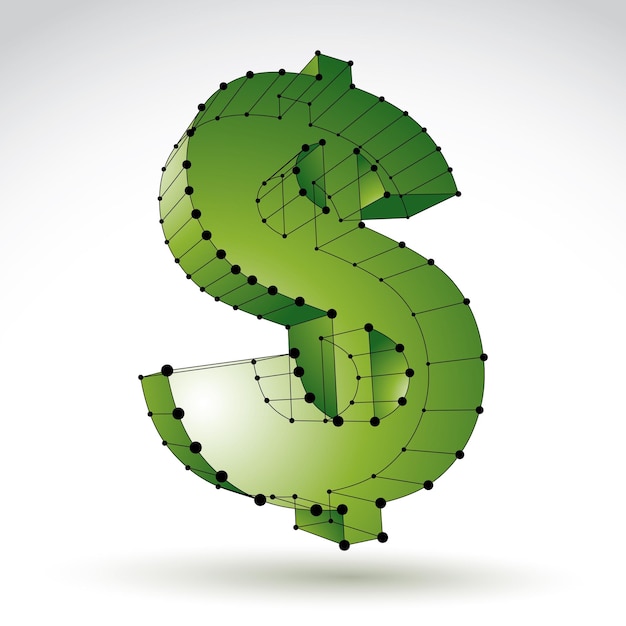 3d сетка стильный веб-зеленый знак доллара на белом фоне, красочная элегантная иконка валюты туши, размерный эскиз технический символ доллара с черными линиями, яркая четкая векторная иллюстрация eps 8