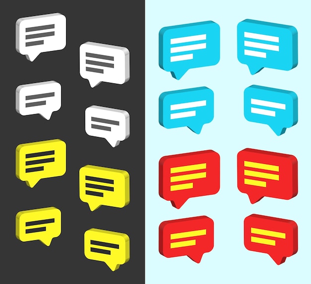 Vector 3d message or chat icon set white yellow blue and red color