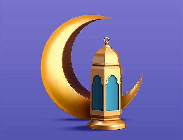 Vector 3d metal moon and islamic lantern