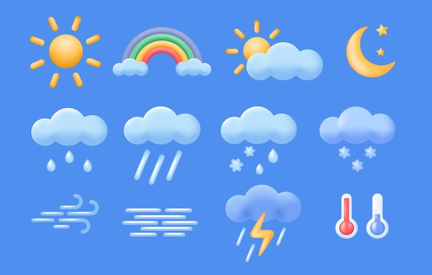 3d meteorology weather or forecast icons set sun moon rainbow clouds wind fog rain and snow