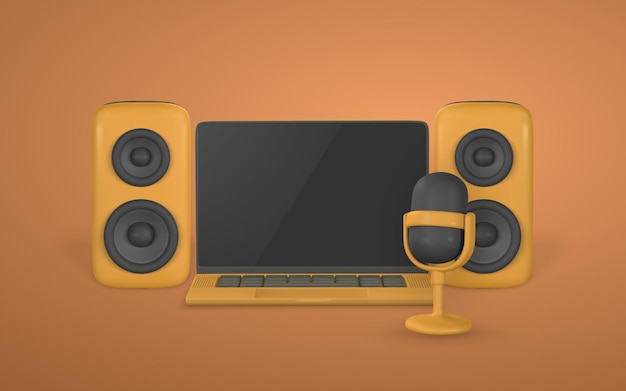 3d microphone laptop and audio speaker in plastic cartoon style Vector illustration