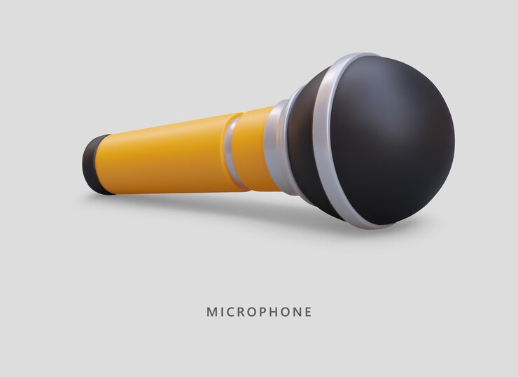 Vector 3d microphone in yellow and gray colors colorful placard musical shop with place for text