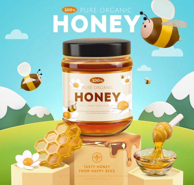 Vector 3d miniature honey ad template