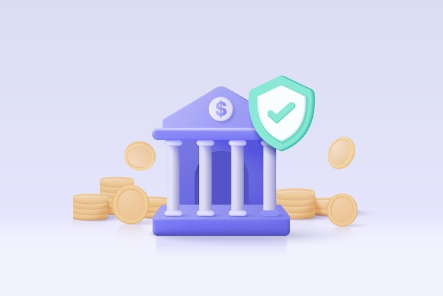 3d minimal bank deposit and withdrawal transactions money service with secure banking financial concept bank building with money coin investment 3d bankink vector icon render illustration