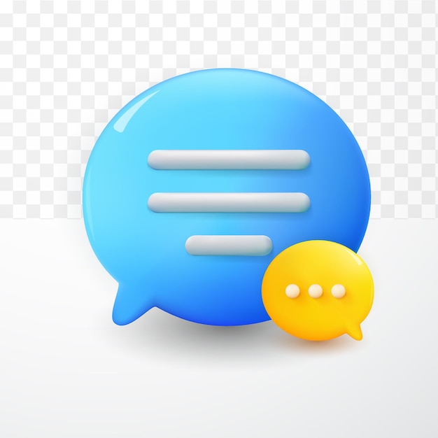 3D 흰색 투명 배경에 최소한의 파란색 노란색 채팅 거품 텍스트 아이콘입니다. 소셜 미디어 메시지의 개념