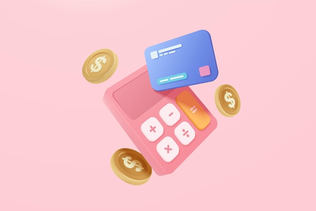 Vector 3d minimal calculator vector render concept of financial management calculating financial risk planning calculator with coins stack and credit card 3d icon vector render on pink pastel background