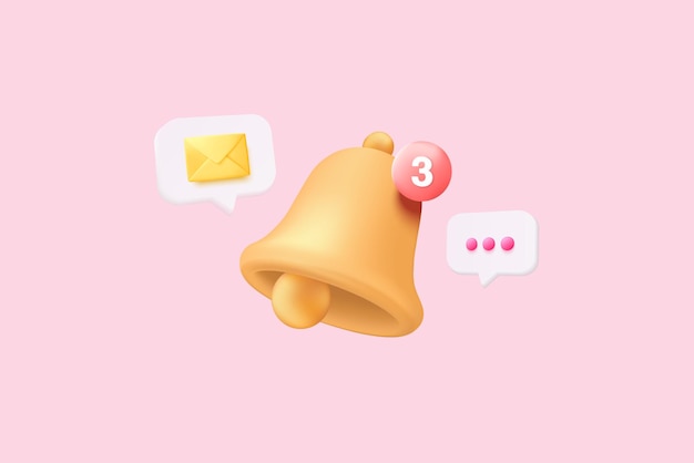 3D minimal notification bell icon with color objects floating around on pastel background new alert concept for social media element 3d bell alarm vector render isolated on pastel background