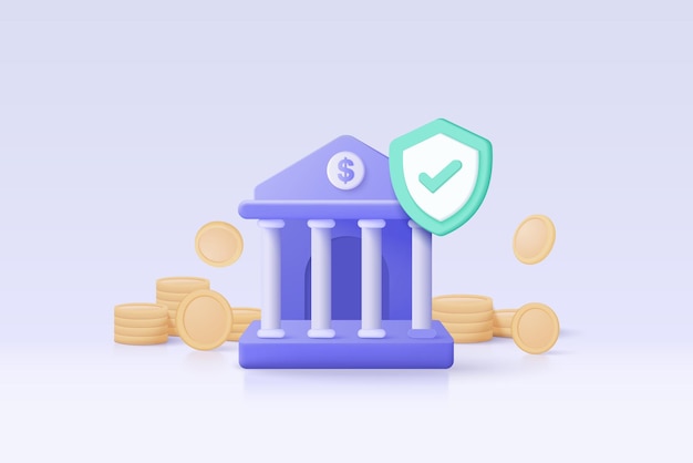 3d minimale bankstorting en opnametransacties gelddienst met veilig bankwezen financieel concept bankgebouw met geldmuntinvestering 3d bankink vectorpictogram geeft illustratie terug