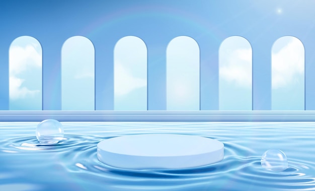 3d minimale zwembad achtergrond Illustratie van display podium drijvend op zwembadwater met bogen op muren op de achtergrond