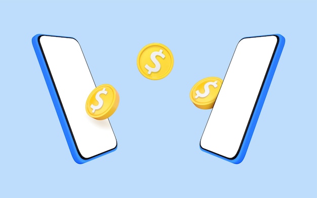 3D mobiele telefoons met munten geïsoleerd op blauwe achtergrond Geld overmaken op smartphones Online betalingsconcept Mobiele portemonnee Cashback en bankieren Vector 3d illustratie