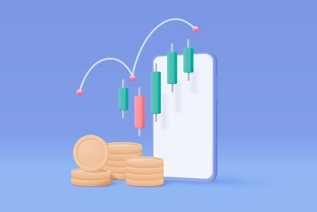 創造的なソリューションの3D携帯電話資金調達ビジネスグラフ金融投資通知オンライン支払いのためのお金のコイン成長ビジネスコンセプト3D取引ベクトルアイコンイラスト