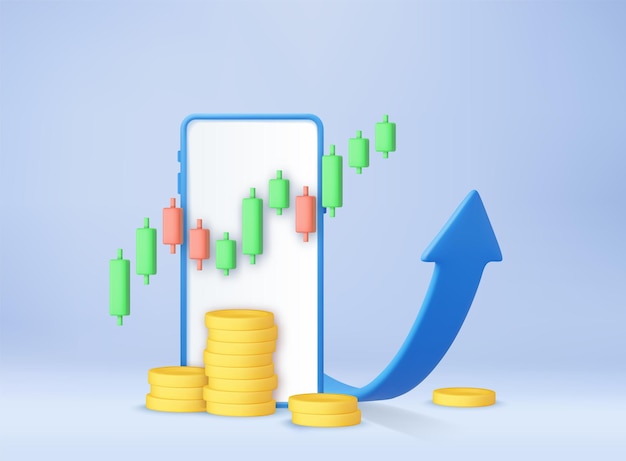 Grafico aziendale di finanziamento di telefoni cellulari 3d con freccia e monete investimento risparmio freccia con commercio pagamento online rendering 3d illustrazione vettoriale