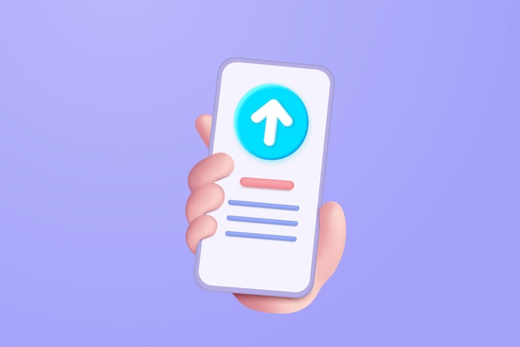 Vector 3d mobile phone in hand with upload data to cloud computing concept for file sharing and data transfer system upload to server with mobile app website 3d icon vector with shadow render illustration