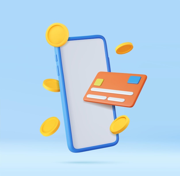3D мобильный телефон с кредитной картой и деньгами Финансовая безопасность для онлайн-покупок Онлайн-платеж безопасен с помощью кредитной карты Деньги и монеты Концепция оплаты иконы 3D рендеринг Векторная иллюстрация