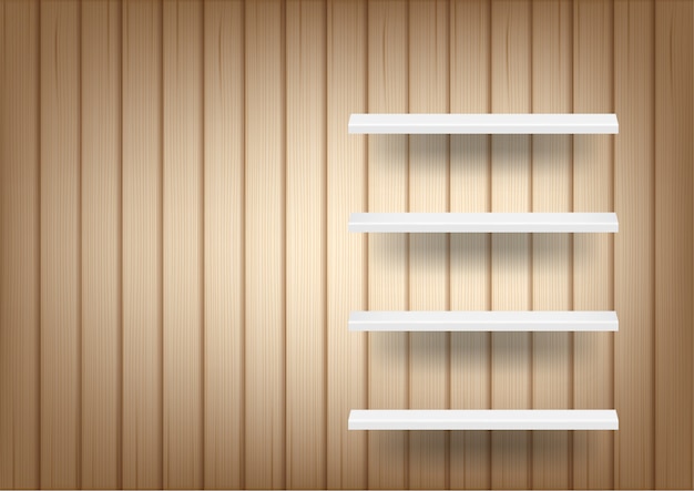 Vettore 3d mock up realistico wood background e empty shelf per interni per mostrare il prodotto