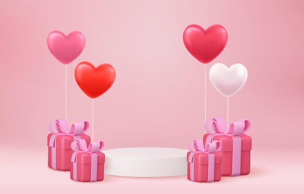 3d mock up stage podium decorated with heart shape balloons and with gift box. background for birthday, anniversary, sale, wedding. web banner. valentine concept. vector illustration