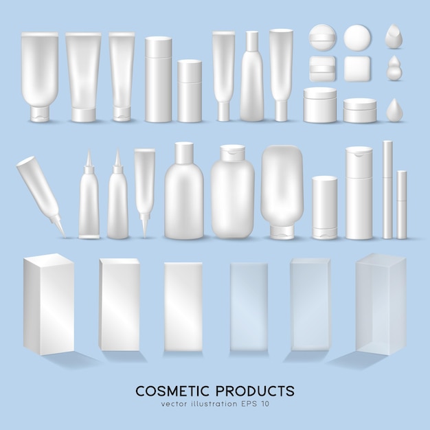 3d mockup of cosmetic bottles, jars, tubes, containers, boxes. big set with white skincare items