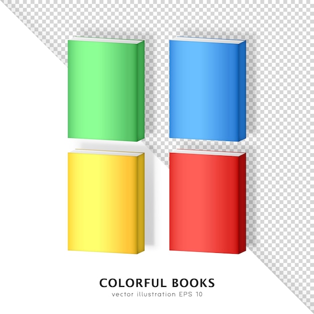 3d mockup of green, blue yellow and red hardcover books. Set of 4 bright colorful isometric textbook