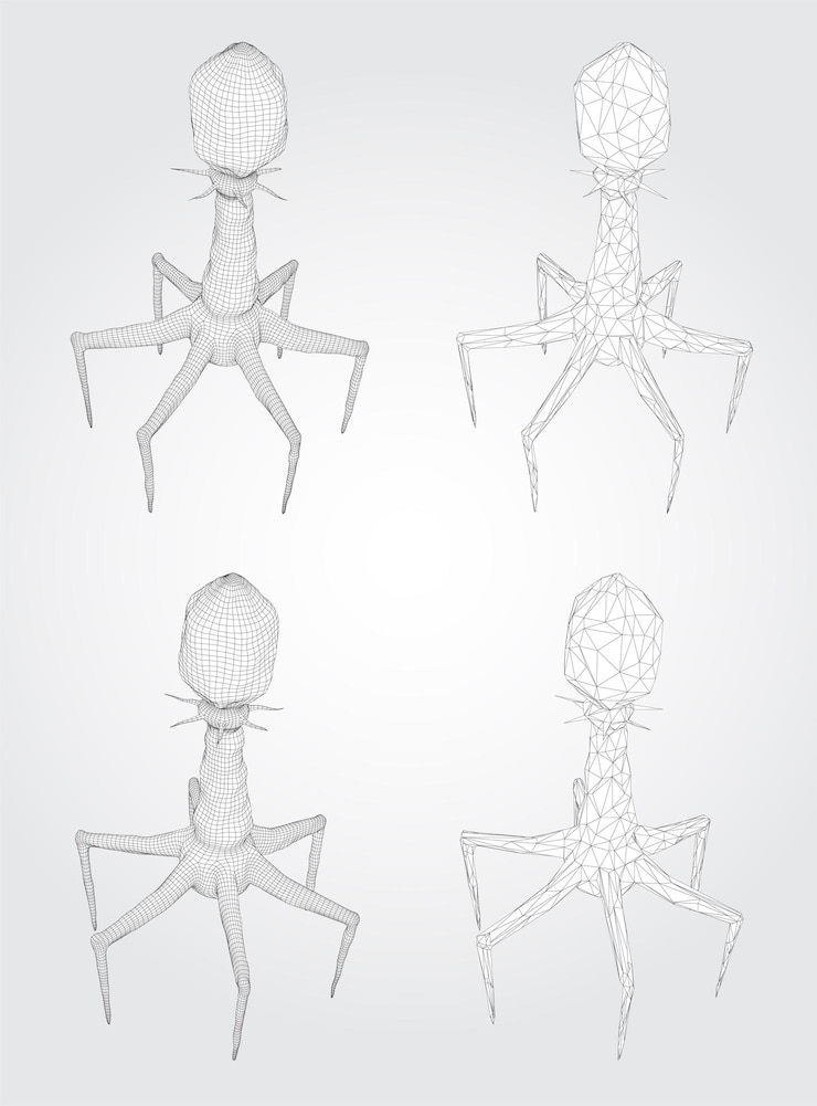 Vector 치명적인 질병 치료를 위한 인공 미생물인 박테리오파지의 3d 모델. 의학의 미래