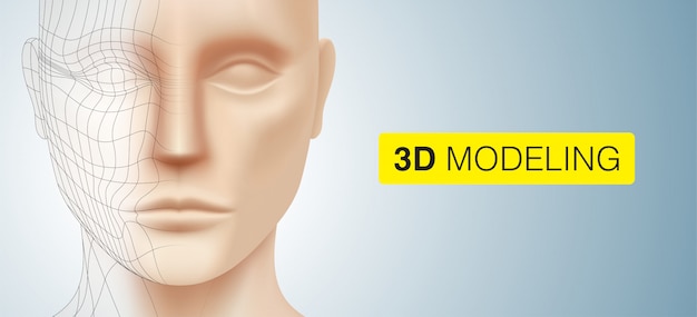 Vettore sfondo di modellazione 3d. il volto di un giovane bianco con linee poligonali, isolato su uno sfondo di colore argento. illustrazione di modello di scultura e di rendering del modello.