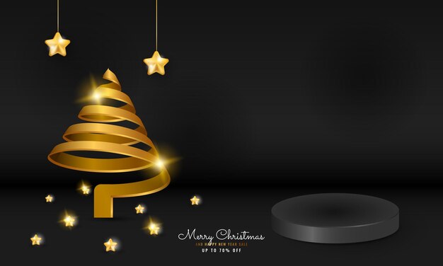 3d moderno nero buon natale e felice anno nuovo striscione podio con albero a spirale scintillante e stella