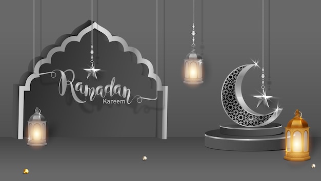Striscione 3d moderno per le vacanze islamiche mostra il podio con la luna in metallo della lanterna del ramadan e il portale della moschea