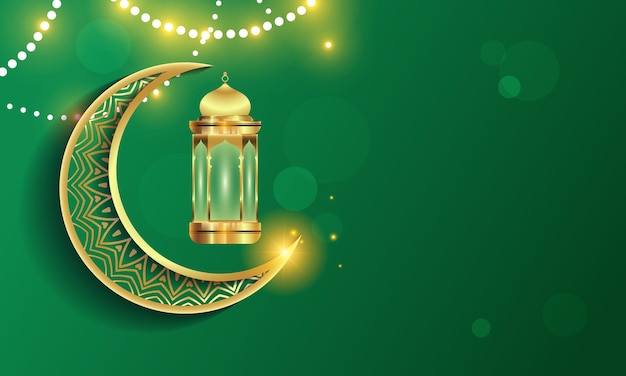 3d modern Islamic holiday banner in green monotone design Display with Ramadan lantern metal moon