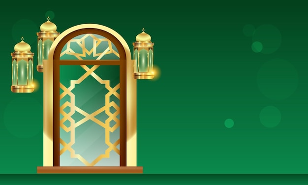 3d modern Islamic holiday banner in green monotone design with Ramadan lantern and mosque portal