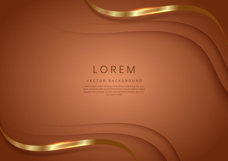 Vector 3d modern luxury template design gold curved shape and golden curved line on brown background