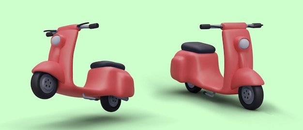3D moderne bromfiets voor één gebruiker Voertuig in verschillende poses Realistische illustratie op gekleurde achtergrond Scooter staat Bromfiets is in de lucht Originele live uitvoeringsstijl