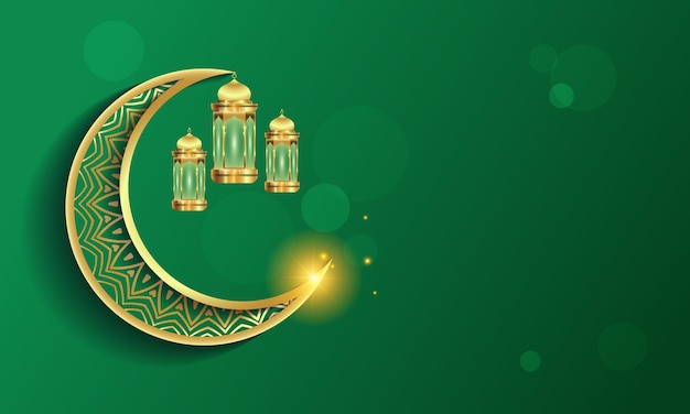 3d moderne islamitische vakantiebanner in groen monotoon ontwerp Display met Ramadan lantaarn metalen maan