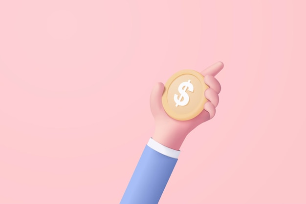 Вектор 3d денежная монета рука на пастельно-розовом фоне, держащая деньги в бизнес-концепции руки онлайн-платежи и платежи