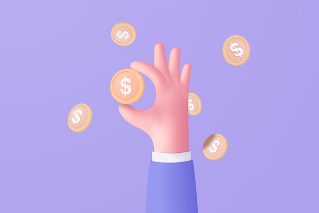 3d money coin hand holding on purple pastel background holding money in business hand concept online payment and payment 3d vector render concept finance investment money saving on hand isolated