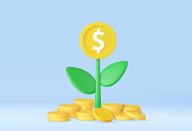 3d money tree plant with coin