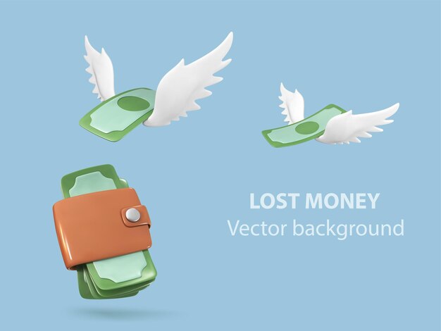 3D 화폐 지갑과 파란 바탕에  날개를 가진 달러 지폐 잃어버린 돈 또는 비용 개념