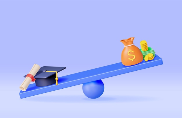 3D Money with Graduation Hat on Scales