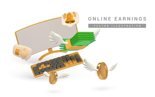 Vector 3d monitor and keyboard with flying green dollar stack and gold coins in cartoon style vector