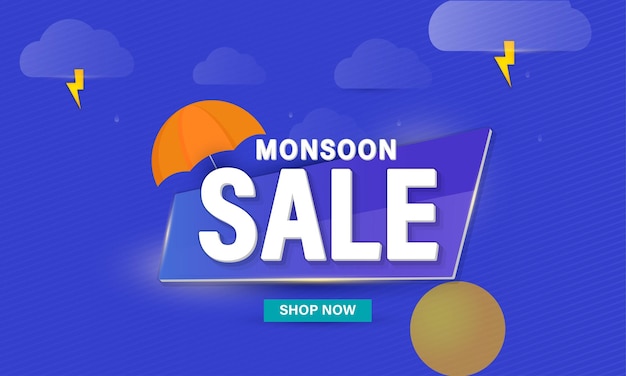 3d monsoon sale-lettertype met parapluonweersbuien op blauwe streeppatroonachtergrond reclamebannerontwerp