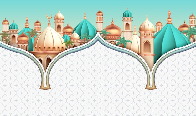 Vector 3d mosque shown with dome arches celebrating the holy month of ramadan with arabesque background