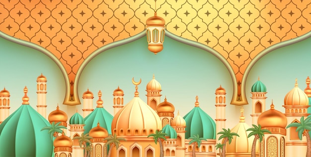 Vector 3d mosque shown with dome arches celebrating the holy month of ramadan with arabesque background