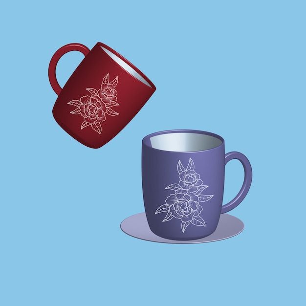 3D Mug with hot tea and milk or cappuccino and latte Realistic americano and espresso drink