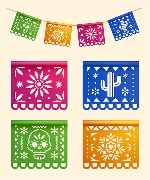 Vettore 3d multicolore giornata dei morti a tema papel picado con simboli messicani per le celebrazioni della festa del dia de los muertos