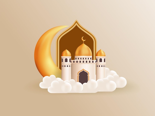 Banner festivo musulmano 3d con luna crescente e moschea per ramadan e eid mubarak