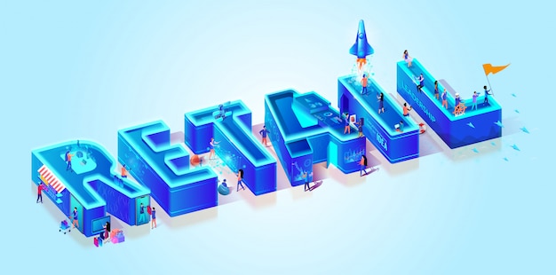 Vector 3d neon isometric word retail on cyan background