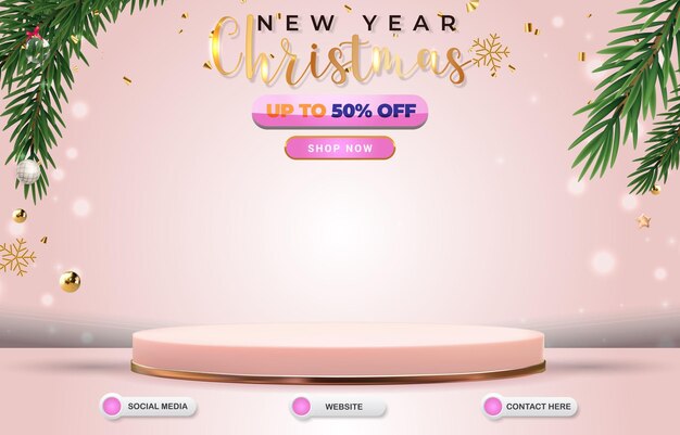 3d new year and christmas discount template banner with blank space for product with abstract gradient pink and white background design