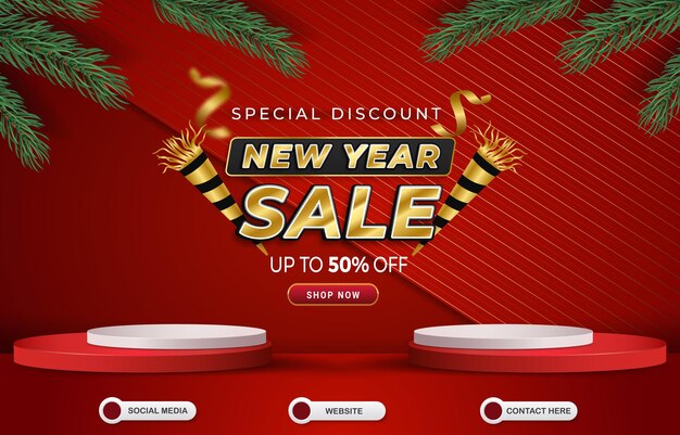 3d new year special discount template banner with blank space 3d podium for product with abstract red and luxury gradient background