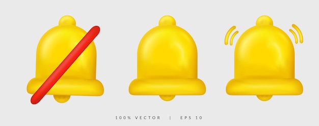 3d notification bell icon. Golden yellow bell with vibrate and notification off.