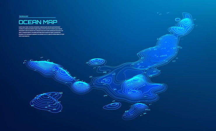 Vector 3d ocean map with glowing digital contour lines and depth readings on dark blue gradient background