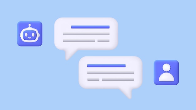 3D online chatbot app with messages Dialog help service User and bot speech messages Artificial intelligence technology concept Customer support service AI Trendy and modern vector in 3d style